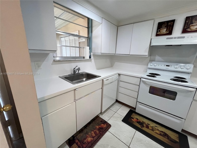 kitchen with white cabinetry, white appliances, sink, and extractor fan