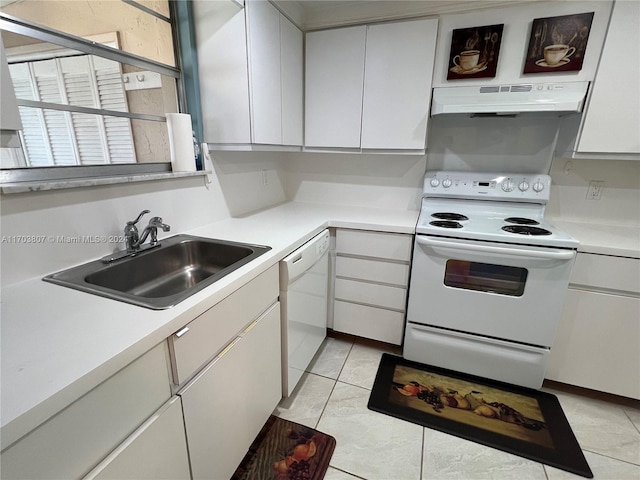 kitchen with white cabinetry, white appliances, sink, and range hood