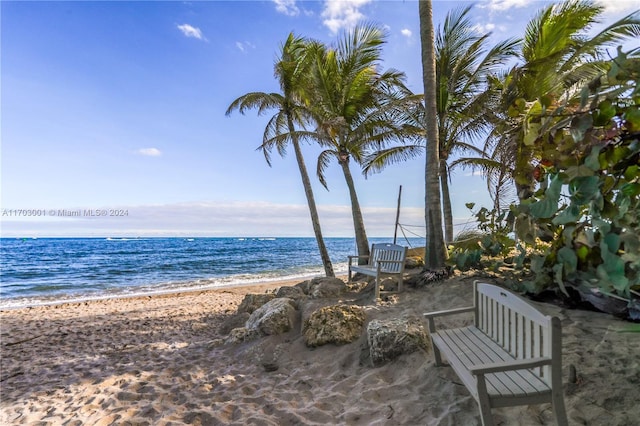 view of water feature with a beach view