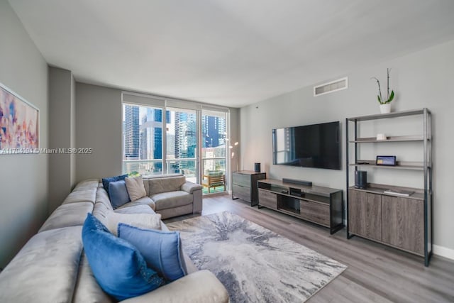 living room featuring light hardwood / wood-style floors and floor to ceiling windows