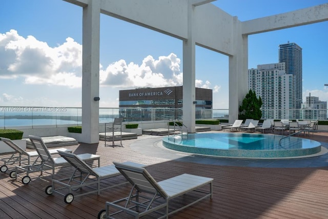 view of pool with a water view