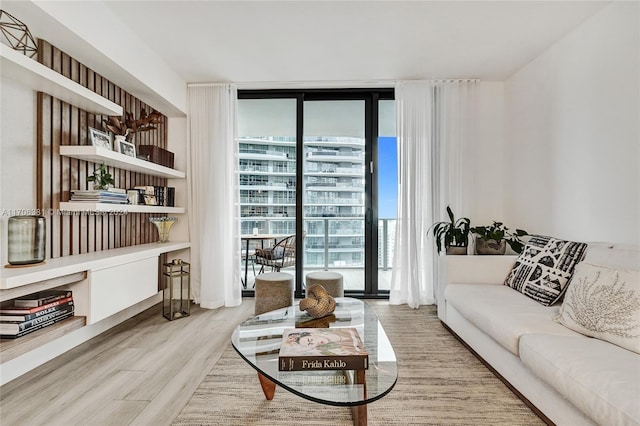 living room with light hardwood / wood-style flooring and expansive windows