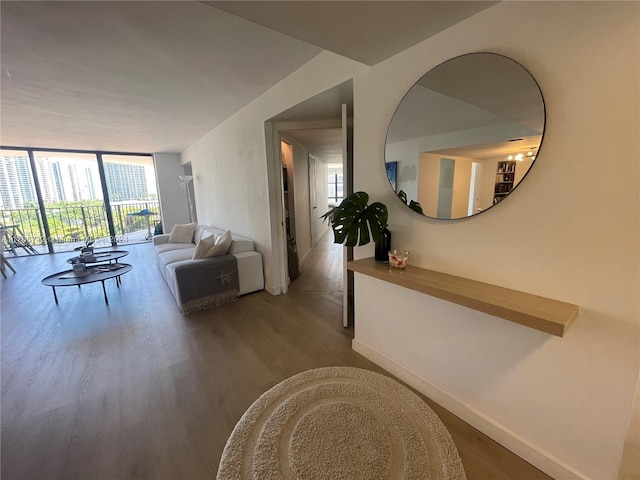 living room featuring wood-type flooring, expansive windows, and plenty of natural light