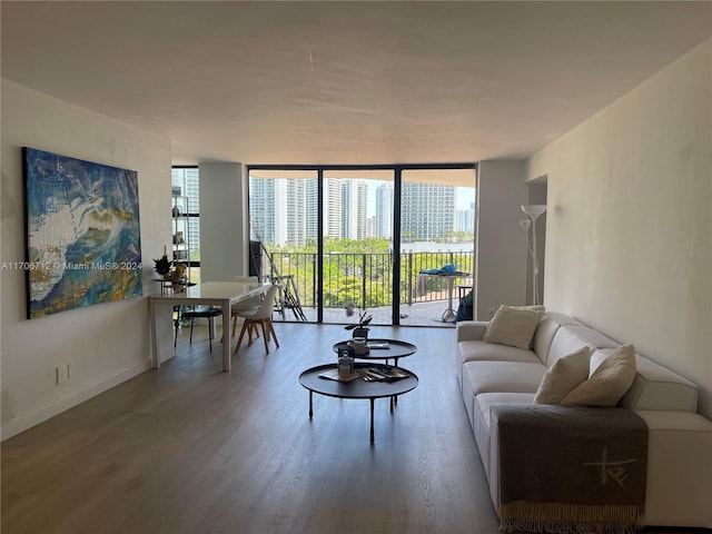 living room with hardwood / wood-style floors and a wall of windows