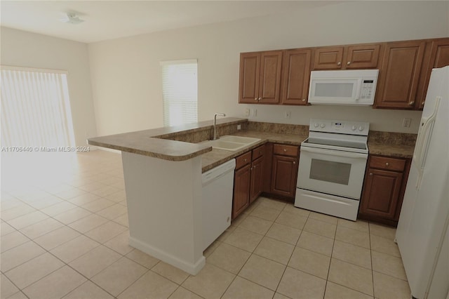 kitchen featuring kitchen peninsula, light tile patterned flooring, white appliances, and sink