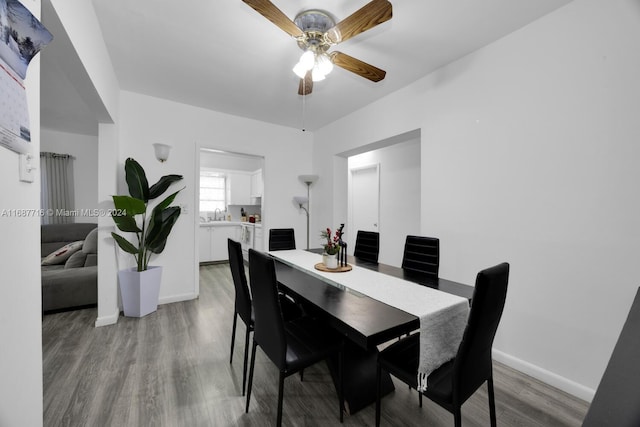 dining space featuring ceiling fan and wood-type flooring