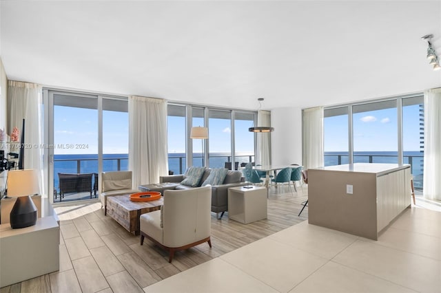 living room with expansive windows, light hardwood / wood-style flooring, and a water view