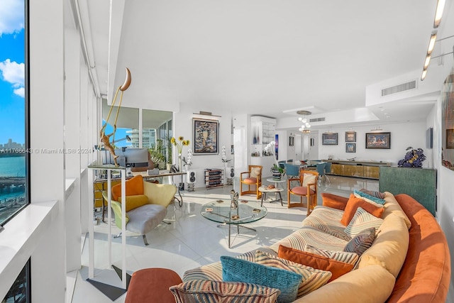 living room featuring light tile patterned floors