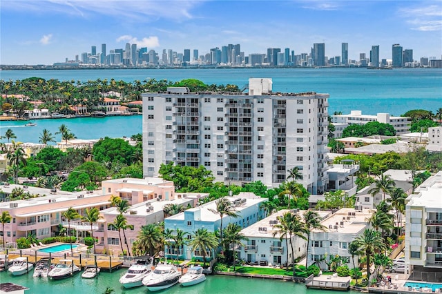 bird's eye view with a water view