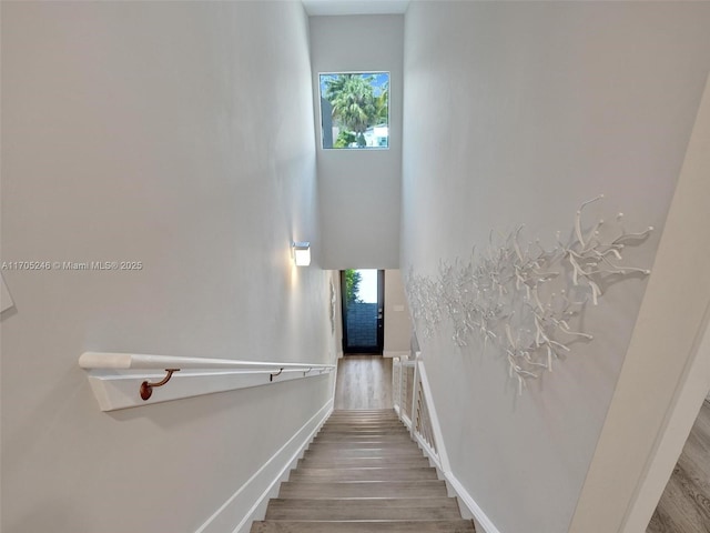 stairway featuring a high ceiling and wood-type flooring