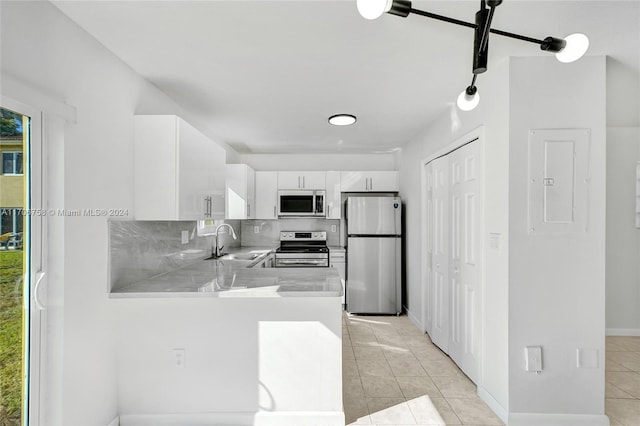 kitchen with sink, stainless steel appliances, tasteful backsplash, kitchen peninsula, and white cabinets