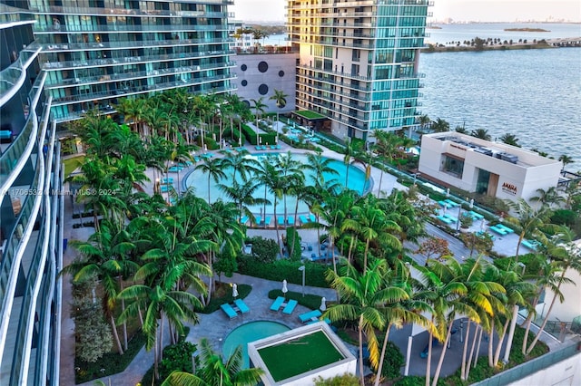 aerial view featuring a water view