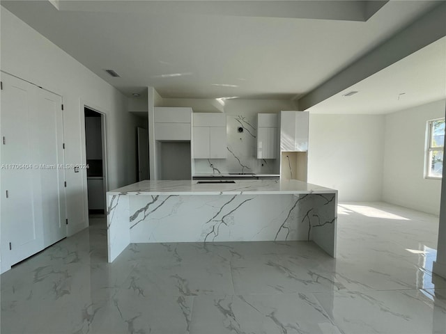 kitchen with white cabinets, sink, light stone countertops, and a kitchen island with sink