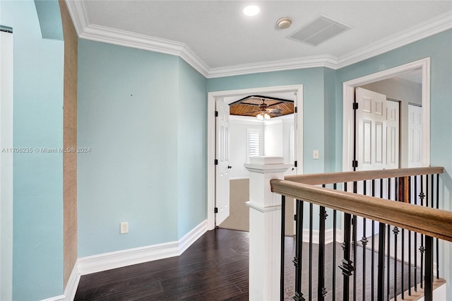 hallway featuring crown molding and dark hardwood / wood-style floors