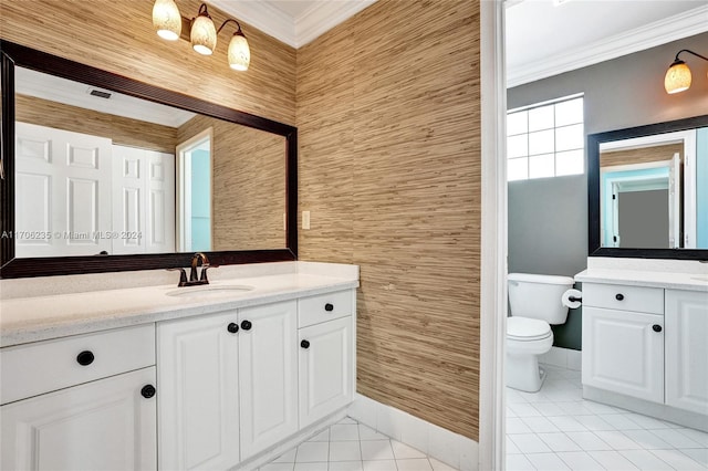 bathroom featuring crown molding, tile patterned flooring, vanity, and toilet