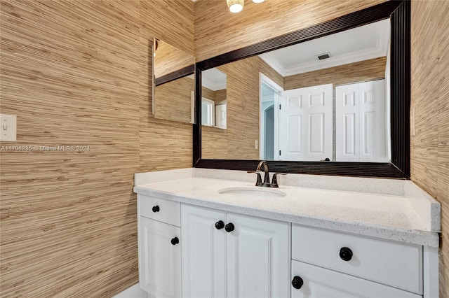 bathroom with wood walls and vanity