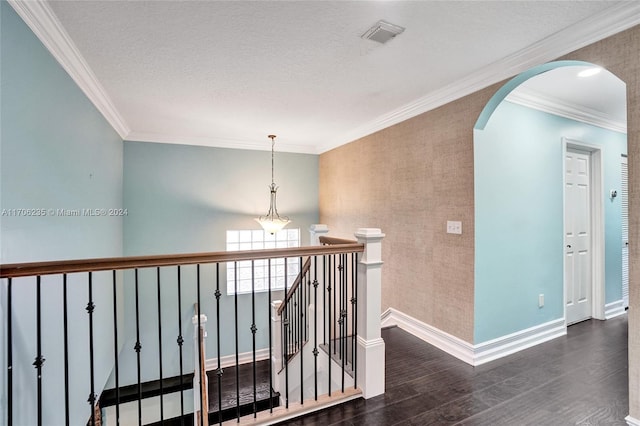 corridor featuring a textured ceiling, dark hardwood / wood-style flooring, and ornamental molding