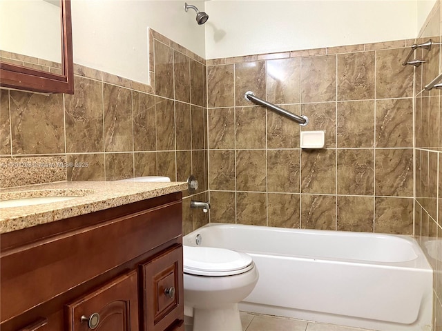 20275 NE 2nd Ave Unit 16, Miami, FL 33179 - bathroom with bathing tub / shower combination, vanity, toilet, tile walls, and tile patterned flooring
