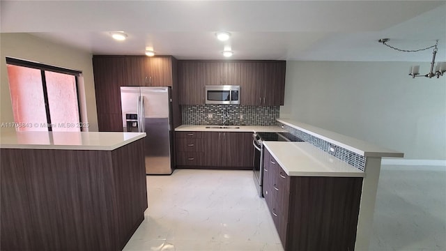 kitchen featuring appliances with stainless steel finishes, sink, decorative backsplash, dark brown cabinetry, and kitchen peninsula