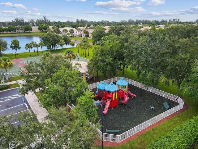 aerial view featuring a water view