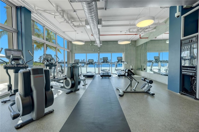 workout area with a high ceiling