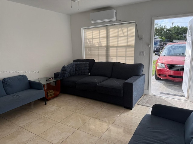 tiled living room with a wall mounted AC