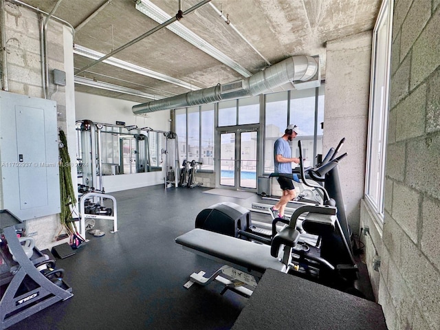 gym with electric panel and french doors