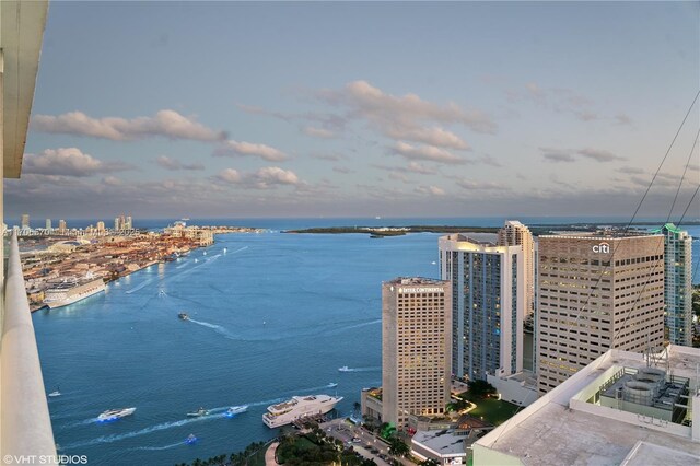 drone / aerial view with a water view