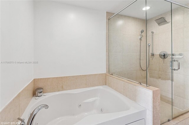 full bathroom featuring plus walk in shower, toilet, tile patterned flooring, and vanity