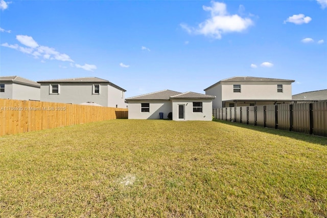 rear view of property featuring a lawn, a fenced backyard, and stucco siding