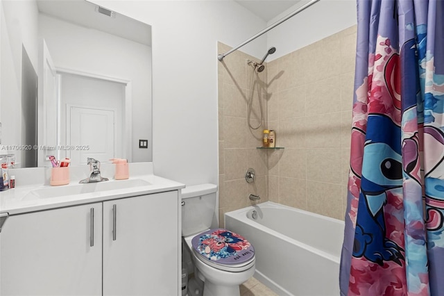 bathroom with vanity, toilet, shower / bathtub combination with curtain, and visible vents