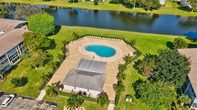 drone / aerial view with a water view