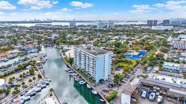 bird's eye view with a water view