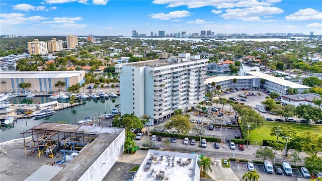 drone / aerial view with a water view