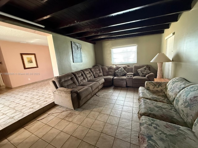 tiled living room featuring wooden ceiling and beamed ceiling