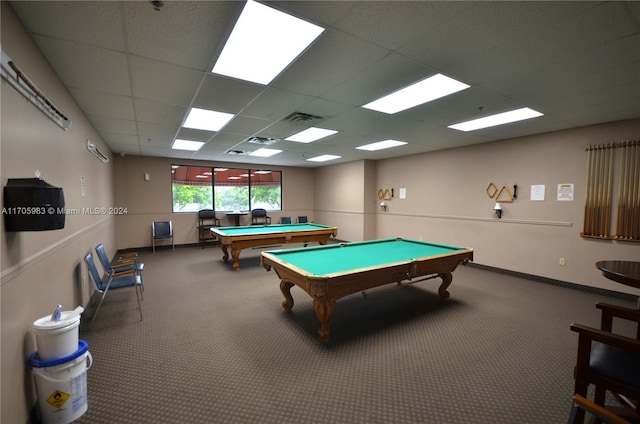 game room with carpet, a drop ceiling, and pool table