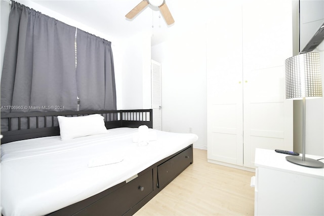 bedroom featuring light hardwood / wood-style floors and ceiling fan