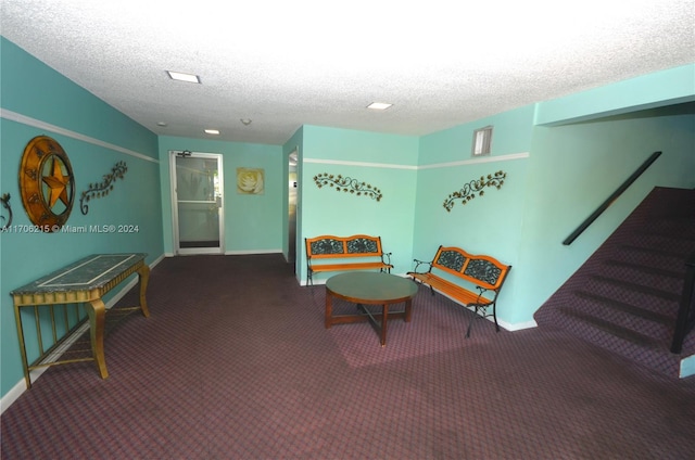 interior space with carpet floors and a textured ceiling