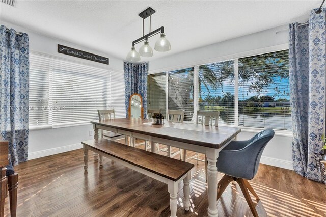 dining room with plenty of natural light, hardwood / wood-style floors, and a textured ceiling