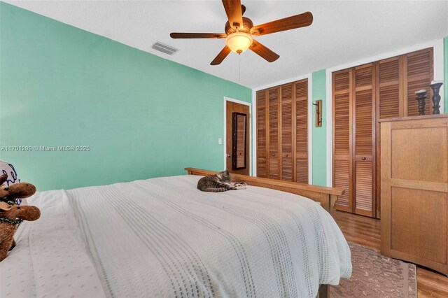 bedroom featuring hardwood / wood-style floors, ceiling fan, and multiple closets