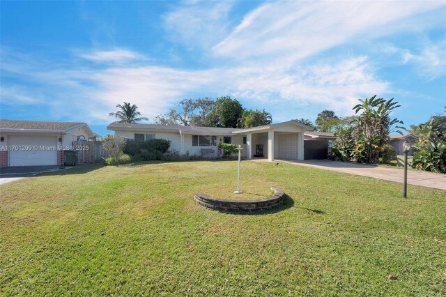 ranch-style house with a front yard and a garage