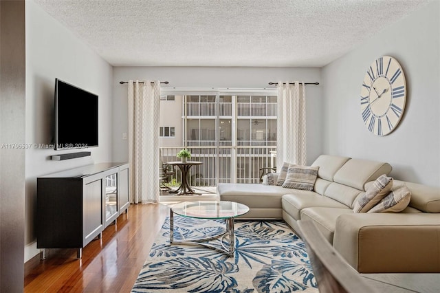 living room with hardwood / wood-style floors and a textured ceiling