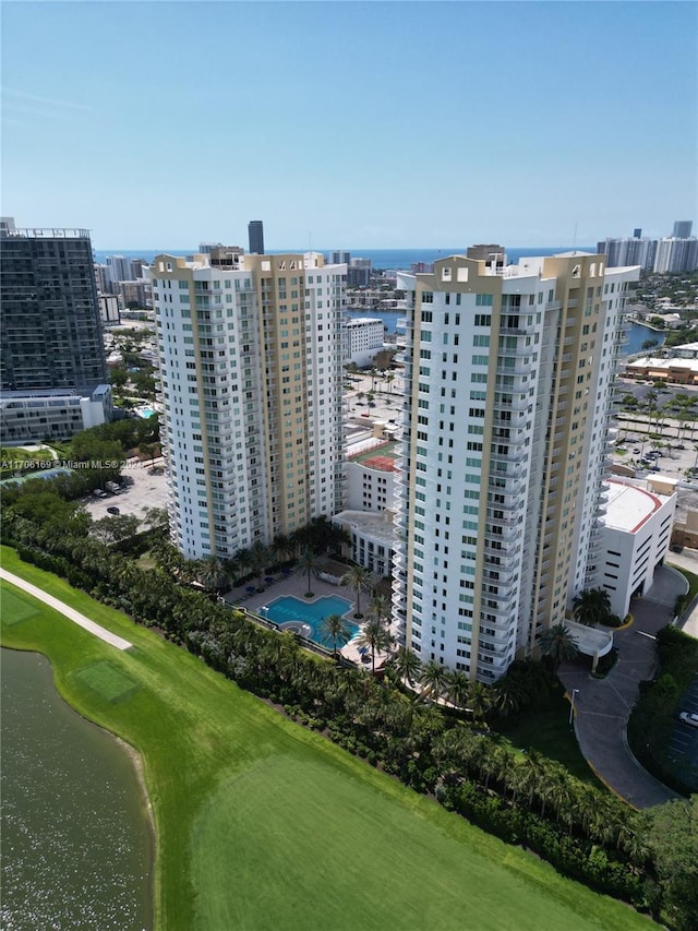 aerial view featuring a water view