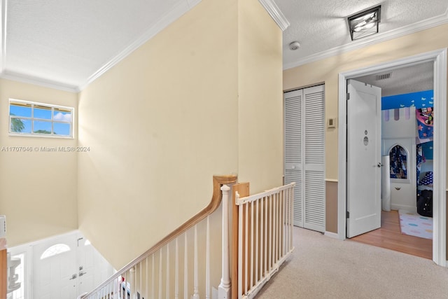 corridor featuring crown molding, light colored carpet, and a textured ceiling