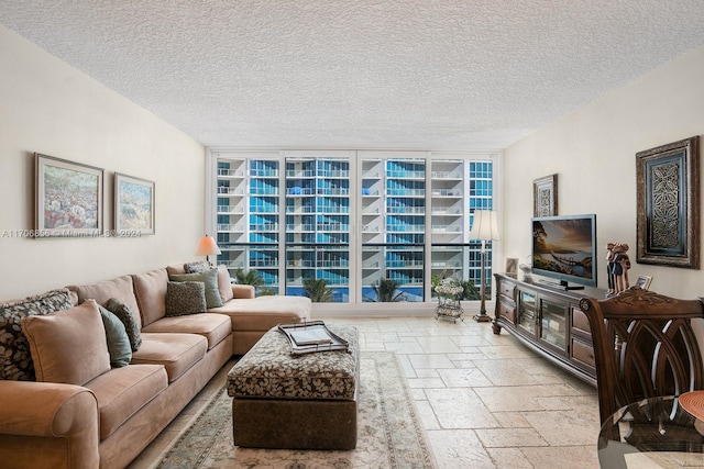 living room with a textured ceiling and a wall of windows