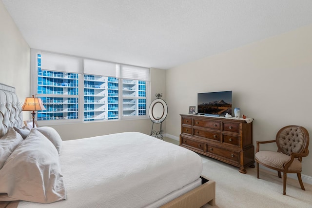 carpeted bedroom with a textured ceiling