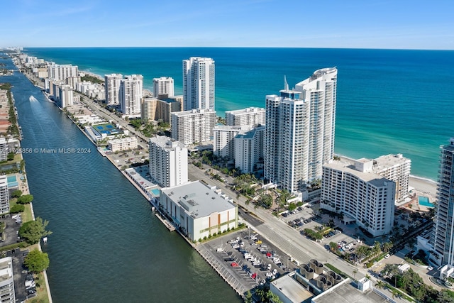 aerial view featuring a water view