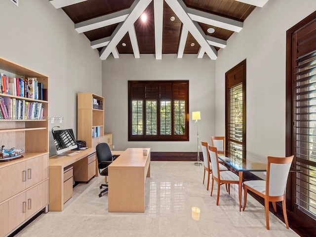 office area featuring beamed ceiling, light tile patterned floors, wooden ceiling, and high vaulted ceiling