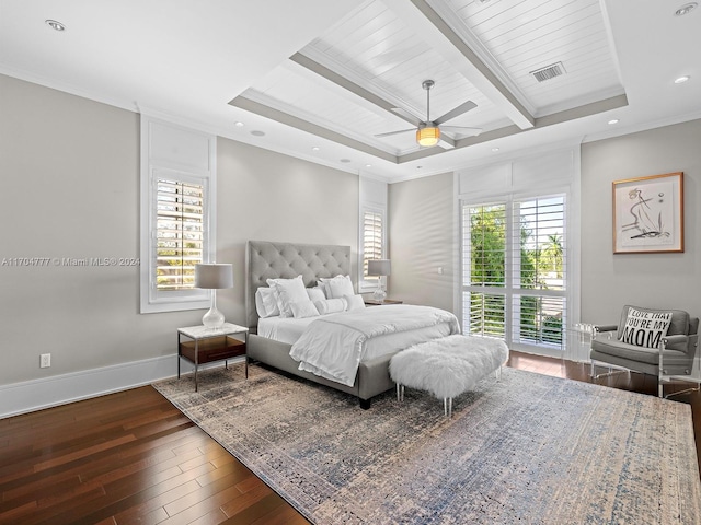 bedroom with ceiling fan, beamed ceiling, dark hardwood / wood-style floors, and ornamental molding