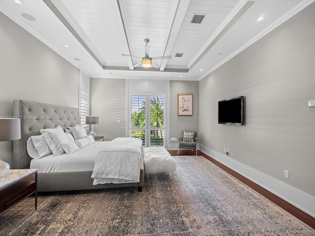 bedroom with a tray ceiling, dark hardwood / wood-style flooring, wood ceiling, and ornamental molding